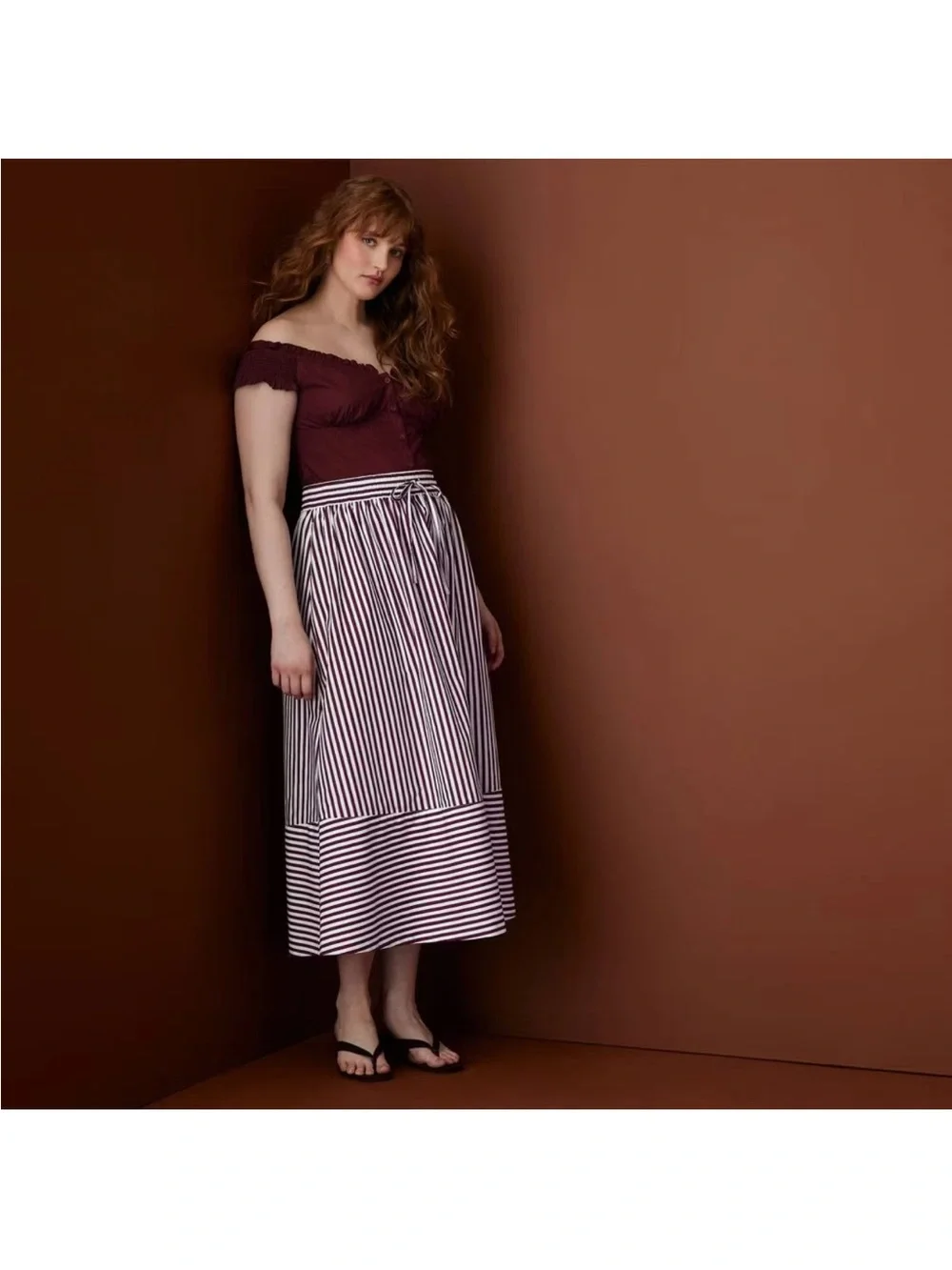 Women Drawstring Poplin Striped Full Midi Skirt - Rosie Assoulin Burgundy